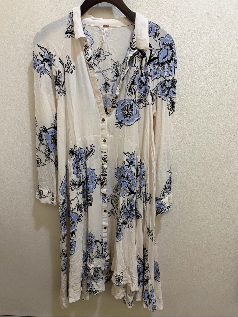 Free People Cream Floral Long-Sleeve Button Dress with Blue Accents